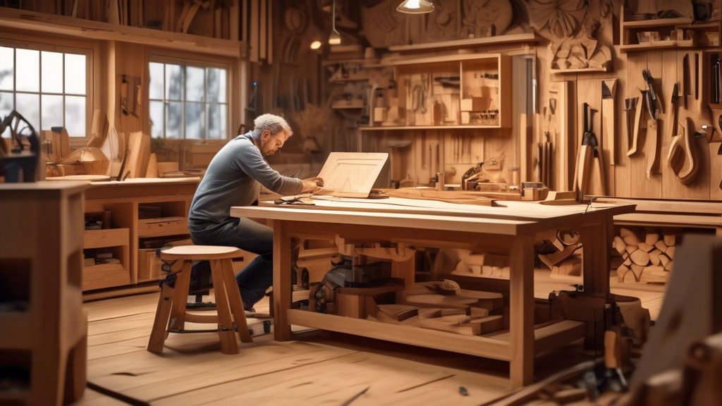 Create an image of a seasoned woodworker in a cozy workshop, surrounded by wooden planks, tools, and a computer running Fusion 360. The scene depicts the w