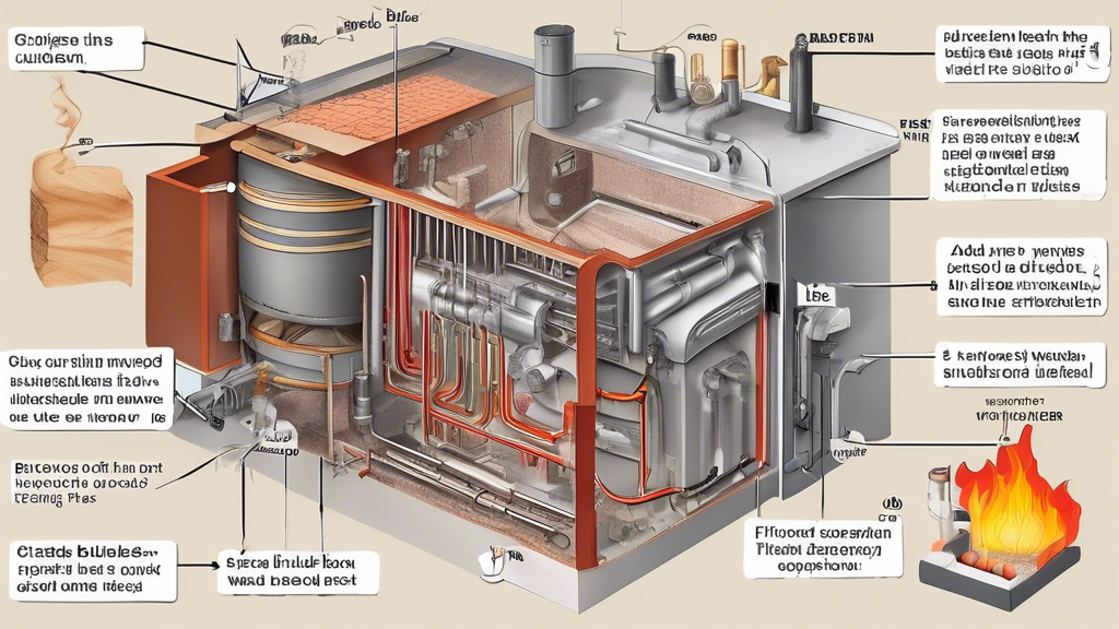 Create an image that illustrates a detailed and educational cutaway diagram of a wood boiler in operation. The diagram should show the various components s