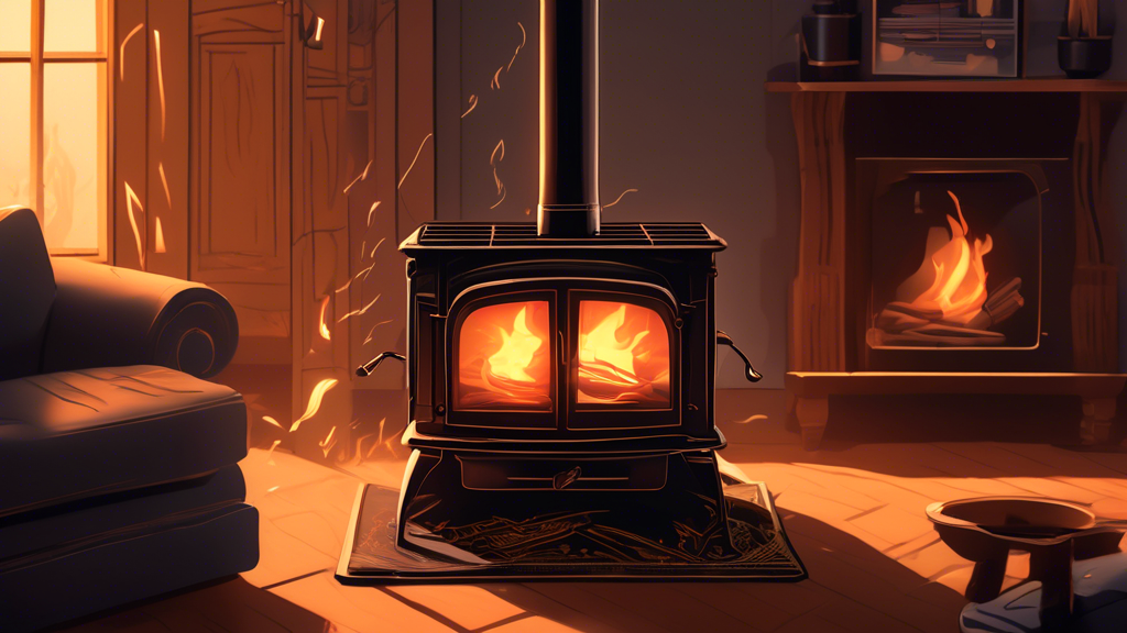 Create an intricate and detailed illustration of a wood burning stove in a cozy living room setting. The stove is in operation, with visible flames dancing