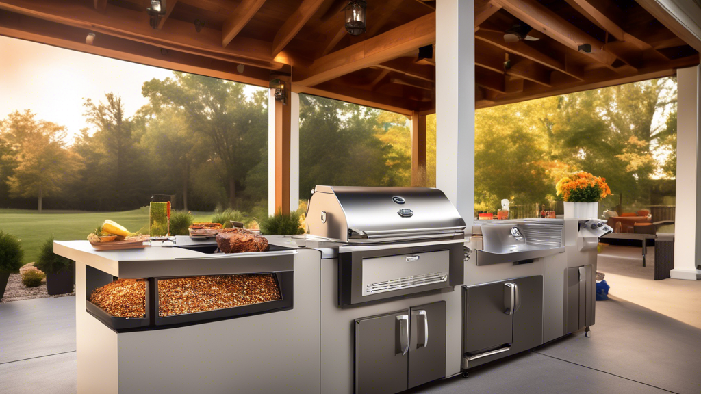 Create an image of a stylish modern outdoor kitchen featuring a high-tech wood pellet grill as the centerpiece. The grill is shown in action, with a transp