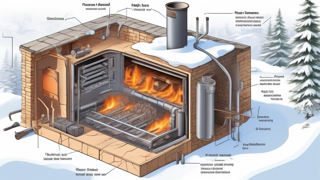 Create an illustration that depicts a cross-section view of an outdoor wood furnace. The image should show the internal components functioning together, su