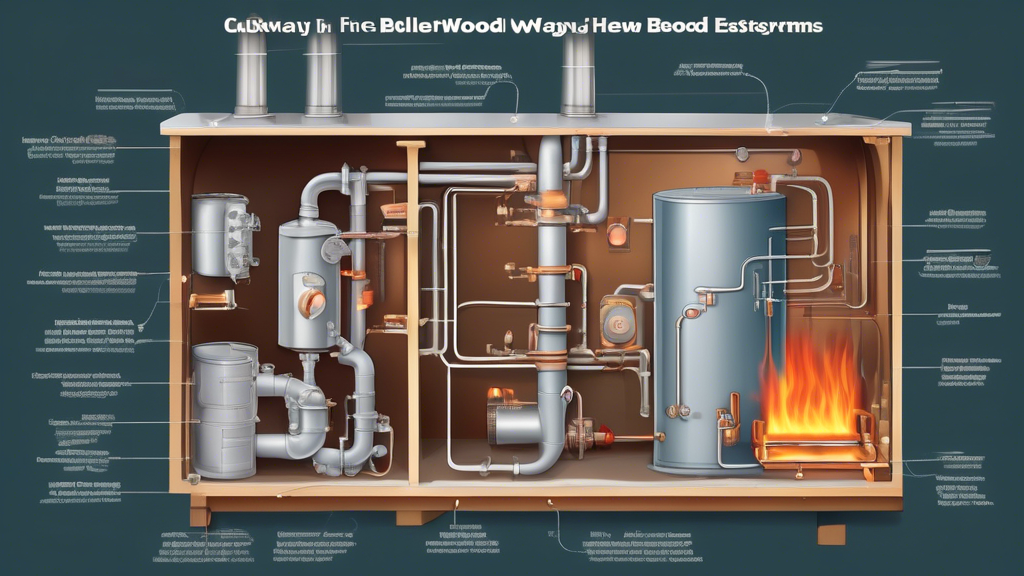 Create an illustration showing a cutaway view of a wood boiler system. The image should detail the inner workings, including the firebox with burning logs,