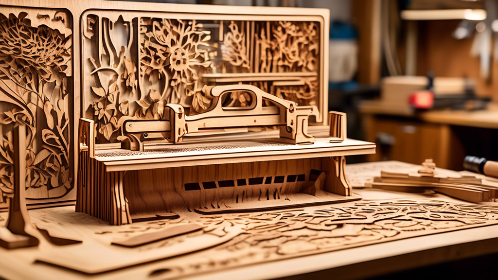 Create an image that illustrates a craftsman workshop filled with an array of laser wood cutting equipment and tools. The scene should capture a skilled ar