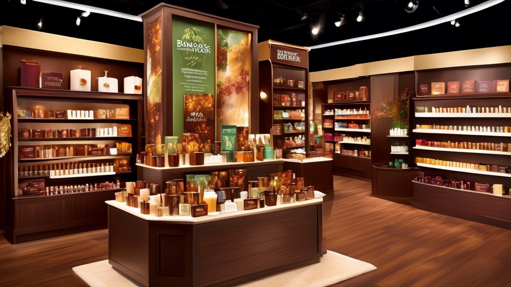 Create an image of a luxurious Bath and Body Works store display showcasing the Mahogany Woods fragrance collection. The display should feature elegantly a