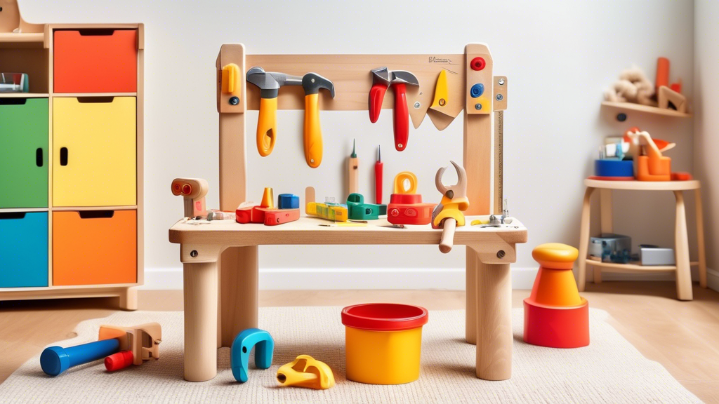 Create an image of a brightly colored, child-sized wooden workbench set in a playful, well-lit nursery. The workbench is filled with child-friendly tools m