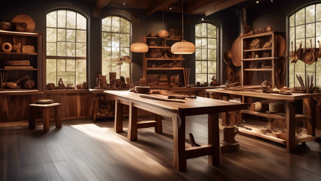 Create an image depicting a serene woodworking studio filled with various elegant walnut wood pieces. Showcase a skilled artisan carefully carving a detail