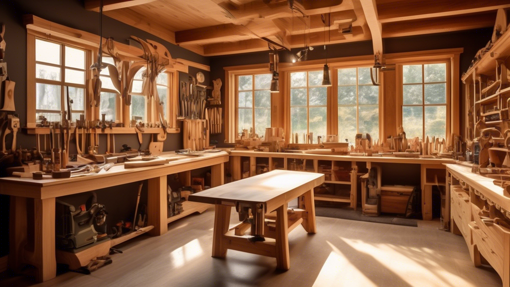 A cozy woodworking workshop filled with natural light pouring in from large windows. In the center of the room, a skilled artisan meticulously carves a bea