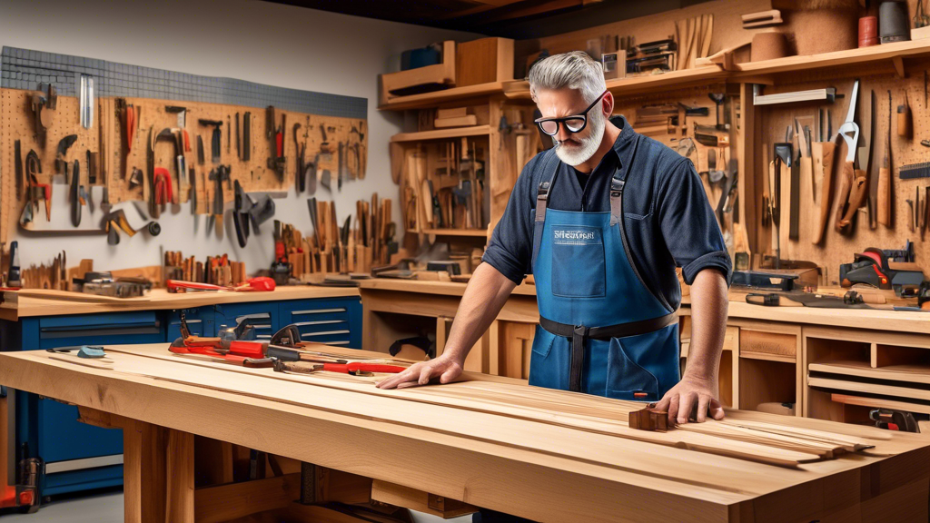 Create an image of a detailed workshop scene showcasing a craftsman contemplating different types of wood for a workbench top. The craftsman, who is wearin