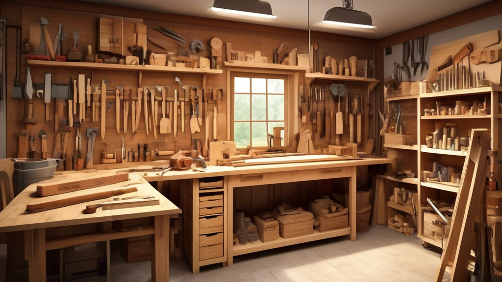 Create an image of a cozy workshop filled with natural light, featuring a sturdy workbench at the center. On the workbench, display various types of wood s