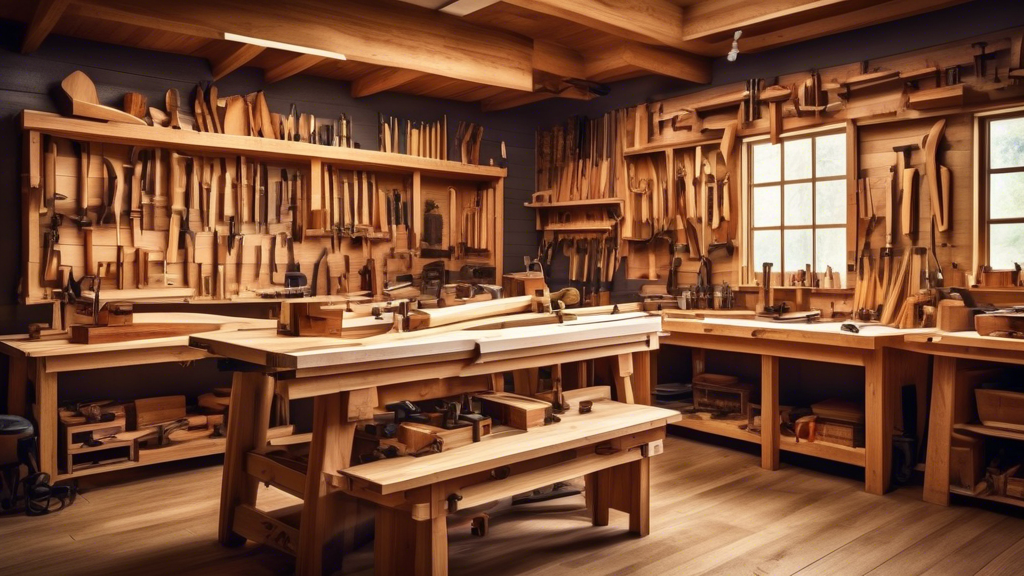 Create an image of a woodworking workshop featuring a variety of wooden work benches. Show different styles and sizes of benches, each made from different