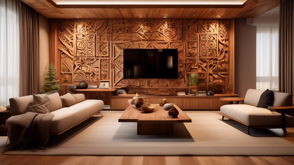 A cozy living room featuring a unique wooden accent wall showcasing a variety of creative woodworking techniques such as intricate carvings, geometric patt