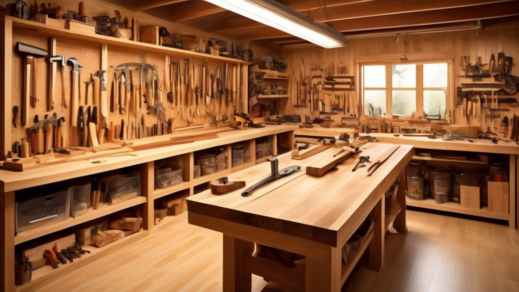 Create an image of a cozy woodworking workshop featuring various types of bench tops displayed side by side. The workshop should be well-lit, showcasing th