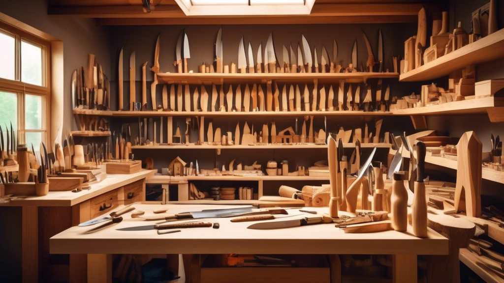 Create an image of a cozy, well-lit woodworking workshop with a variety of woodworking knives displayed on a wooden workbench. The scene should include dif