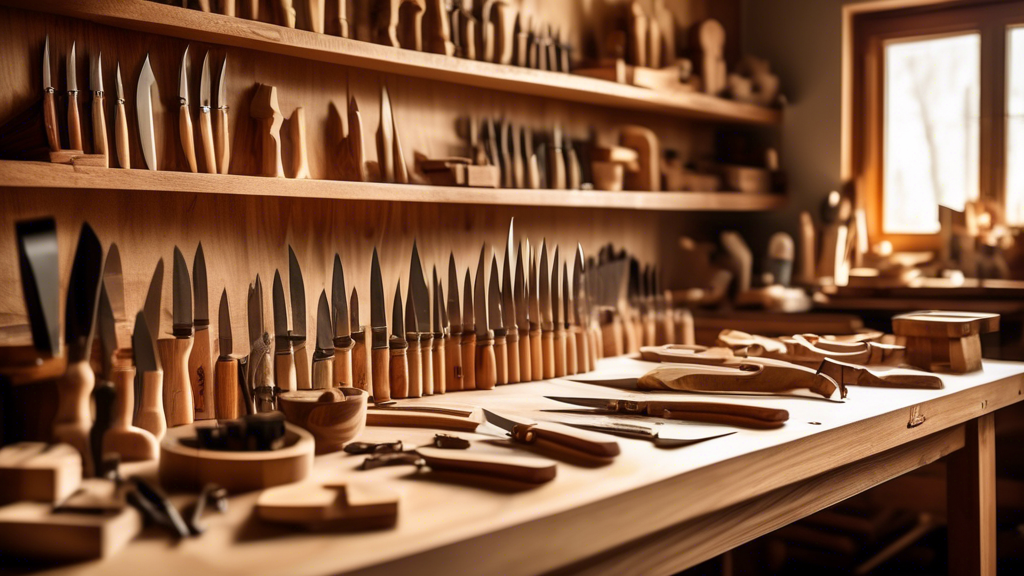 Create an image of a beautifully arranged wooden workbench in a cozy, sunlit workshop. The focus is on a variety of woodworking knives, each with distinct