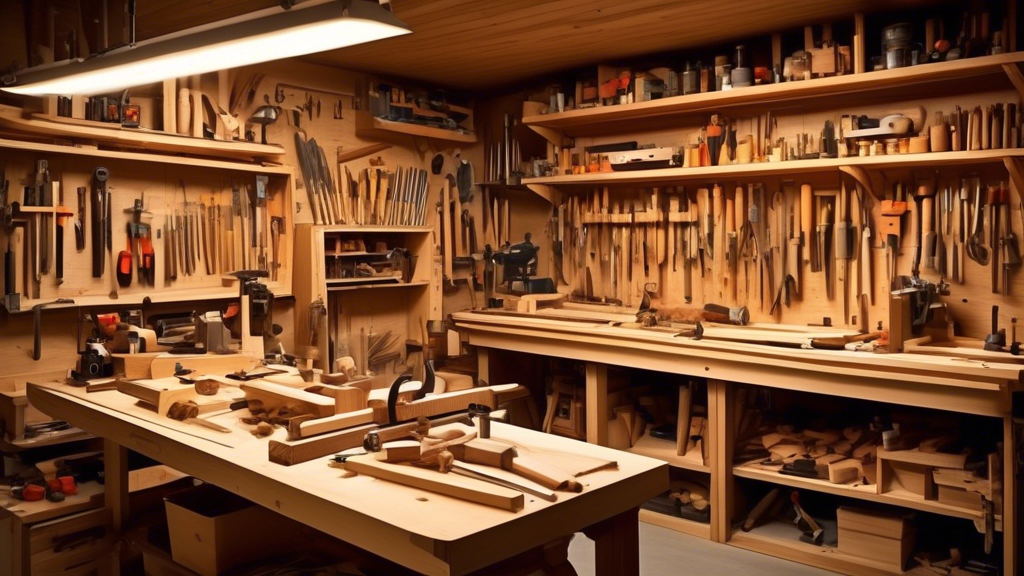 Create an image of a cozy and organized woodworking workshop filled with various types of wooden projects in different stages of completion. The focus of t