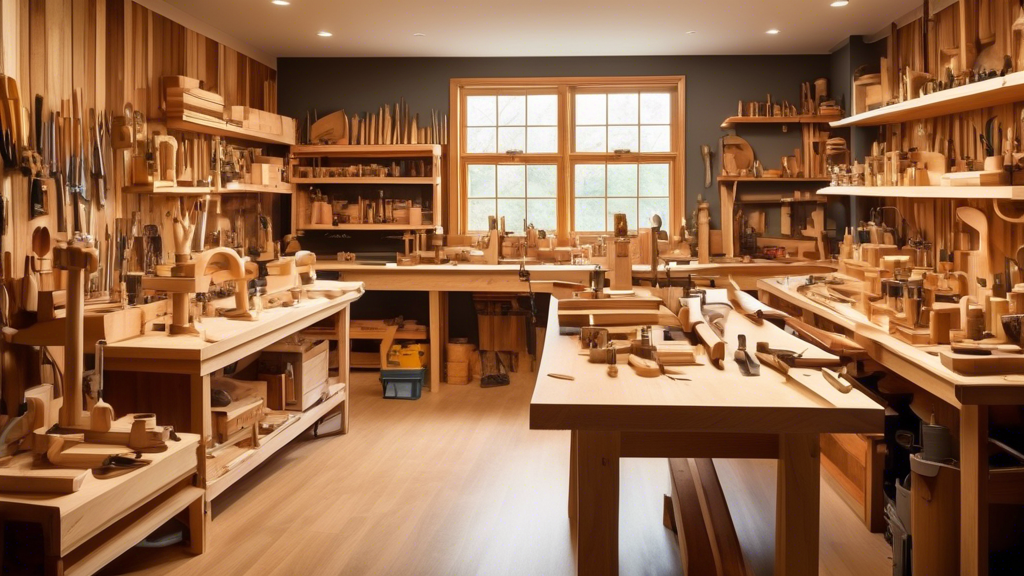 Create an image of a cozy, well-lit woodworking studio filled with an array of lathes and wooden projects in various stages of completion. The scene should