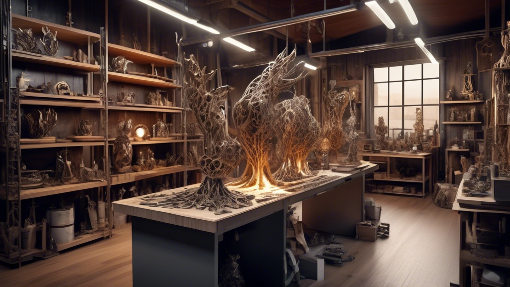 Create an image depicting a futuristic art studio where artists are crafting intricate sculptures using Woods Metal. The scene should highlight the molten