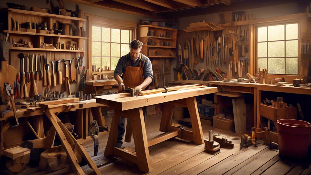 Create an image of a craftsman in a workshop, surrounded by tools and supplies like saws, hammers, and varnish, as he constructs a sturdy wooden bench. The